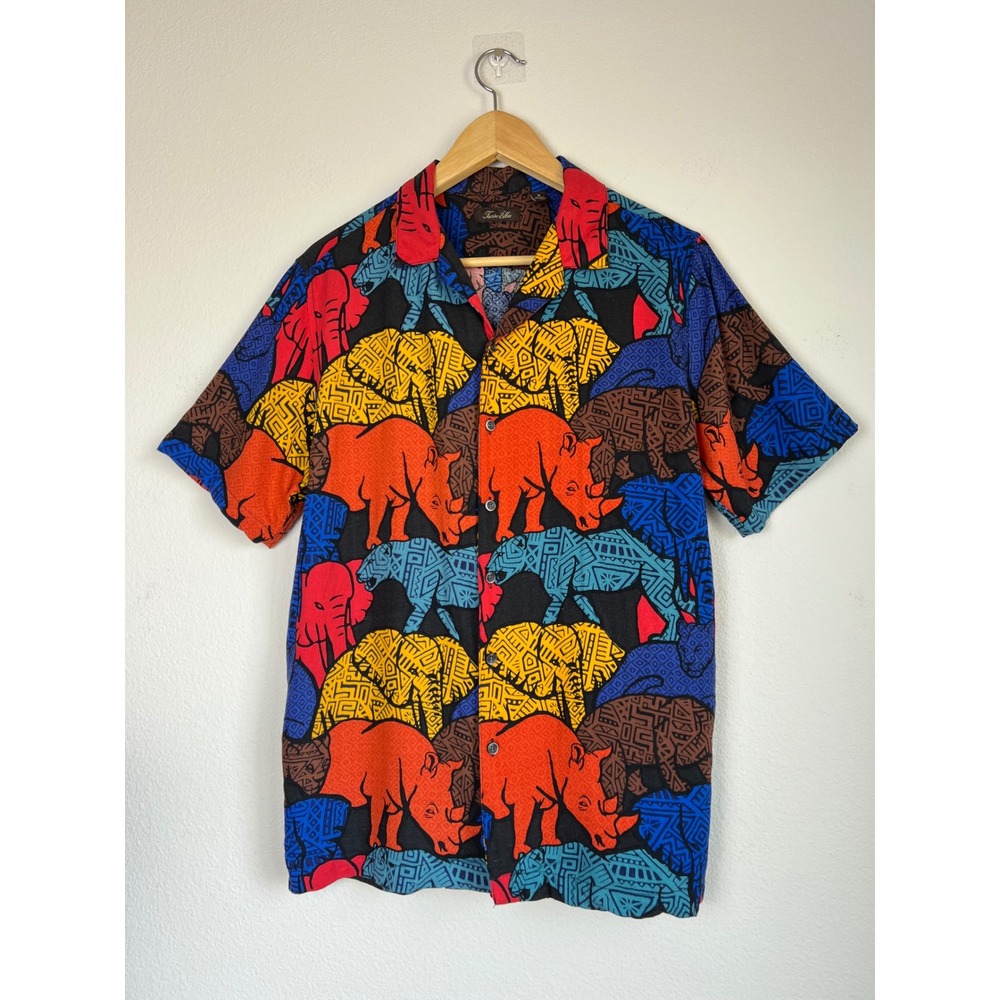 Tasso Elba Silk Rayon Camp Shirt Mens M Safari Animal Print Elephant Rhino Puma